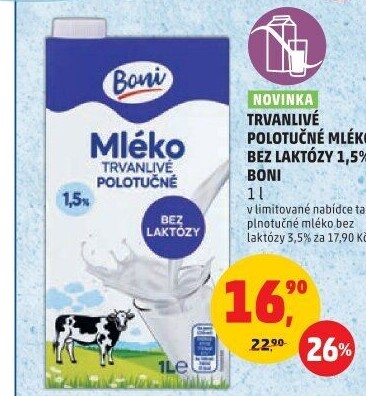 Mléko trvanlivé bez laktózy Boni - 1,5% polotučné