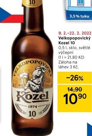 Pivo světlé výčepní 10°Velkopopovický Kozel