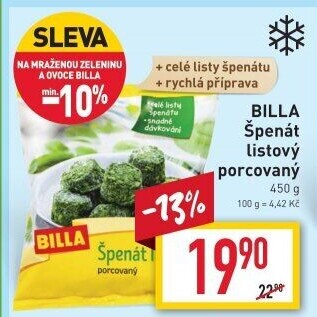 Špenát listový mražený Billa