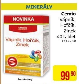 Doplněk stravy Vápník, hořčík, zinek Cemio
