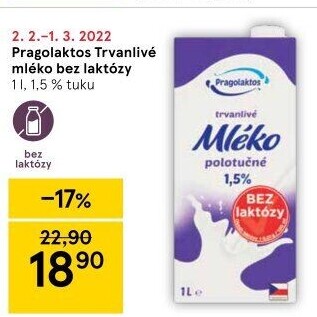 Mléko trvanlivé bez laktózy Pragolaktos- 1,5% polotučné