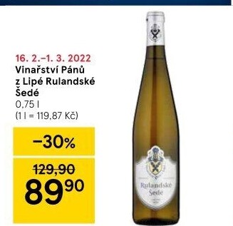 Víno Rulandské šedé Vinařství Pánů z Lipé