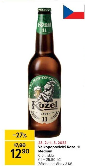 Pivo světlý ležák 11° Medium Velkopopovický Kozel