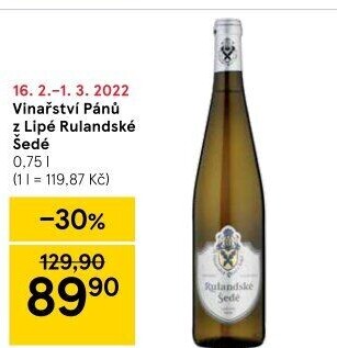 Víno Rulandské šedé Vinařství Pánů z Lipé