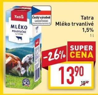Mléko trvanlivé Tatra - 1,5% polotučné