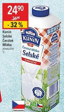 Mléko čerstvé selské Kunín -plnotučné