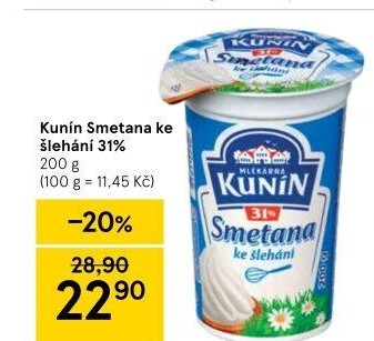 Smetana ke šlehání Kunín 31%