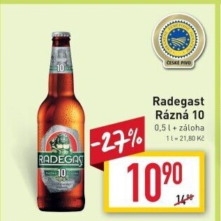 Pivo světlé výčepní Rázná 10° Radegast