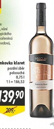 Víno Frankovka klaret Vinařství Břeclav - pozdní sběr