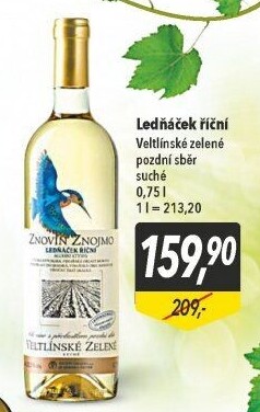 Víno Veltlínské zelené Ledňáček Znovín Znojmo - pozdní sběr