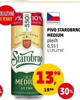 Pivo světlý ležák nepasterizovaný 11° Medium Starobrno