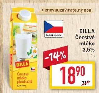 Mléko čerstvé Billa - 3,5% plnotučné