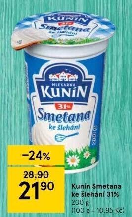 Smetana ke šlehání Kunín 31%