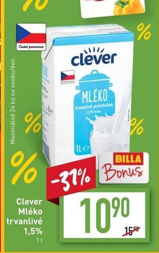 Mléko trvanlivé Clever - 1,5% polotučné