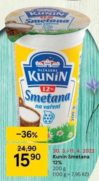 Smetana na vaření Kunín 12%
