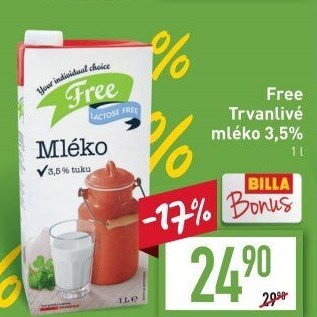 Mléko trvanlivé bez laktózy Billa Laktose Free -3,5% plnotučné