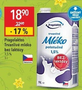 Mléko trvanlivé bez laktózy Pragolaktos- 1,5% polotučné