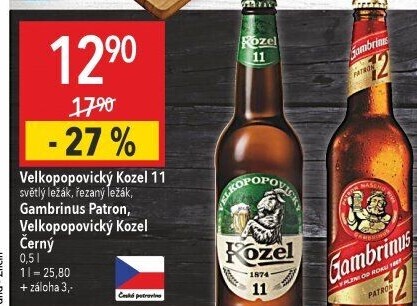 Pivo světlý ležák 11° Medium Velkopopovický Kozel