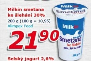 Smetana ke šlehání Milkin 30%