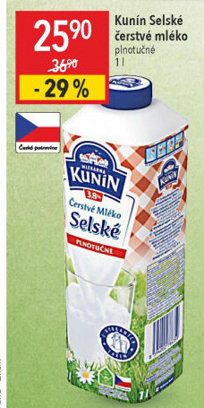 Mléko čerstvé selské Kunín -plnotučné