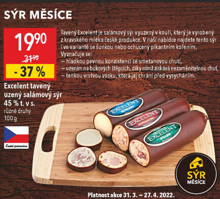Sýr tavený uzený Excelent 45% Moravia