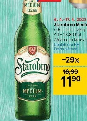 Pivo světlý ležák nepasterizovaný 11° Medium Starobrno