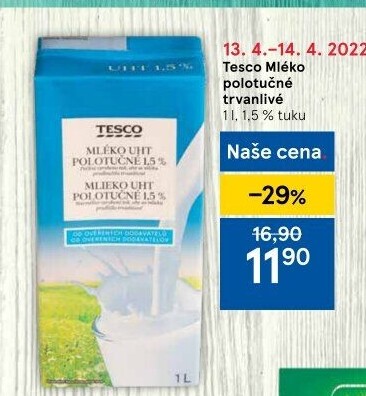 Mléko trvanlivé Tesco - 1,5% polotučné