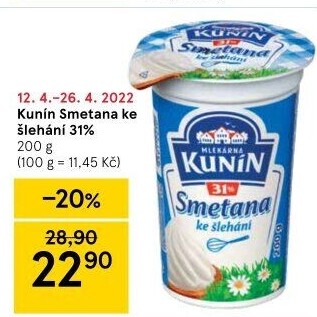 Smetana ke šlehání Kunín 31%