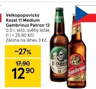 Pivo světlý ležák 11° Medium Velkopopovický Kozel