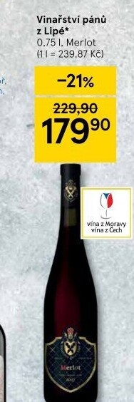 Víno Merlot Vinařství Pánů z Lipé
