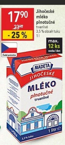 Mléko trvanlivé Jihočeské Madeta - 3,5% plnotučné