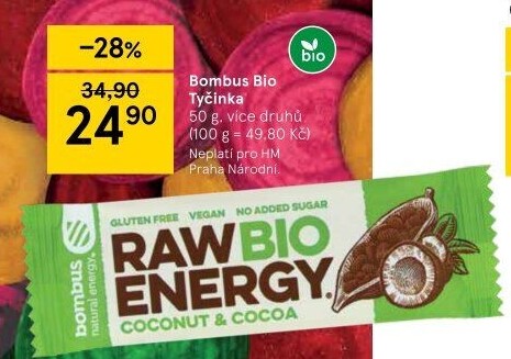 Tyčinka vegan Raw bez lepku bio Energy Bombus