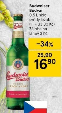 Pivo světlý ležák Budweiser Budvar