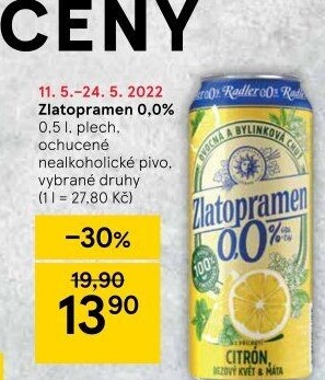 Nealkoholické pivo ochucené Radler Zlatopramen