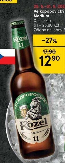 Pivo světlý ležák 11° Medium Velkopopovický Kozel