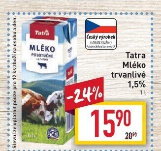 Mléko trvanlivé Tatra - 1,5% polotučné
