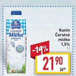 Mléko čerstvé Kunín - 1,5% polotučné