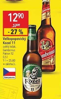 Pivo světlý ležák 11° Medium Velkopopovický Kozel