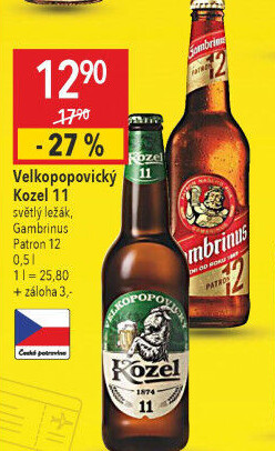 Pivo světlý ležák 11° Medium Velkopopovický Kozel