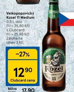 Pivo světlý ležák 11° Medium Velkopopovický Kozel