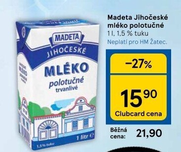Mléko trvanlivé Jihočeské Madeta - 1,5% polotučné