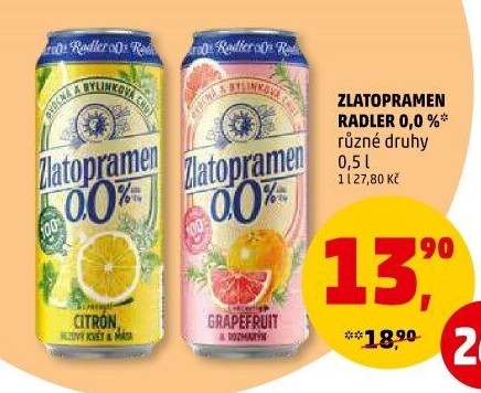 Nealkoholické pivo ochucené Radler Zlatopramen