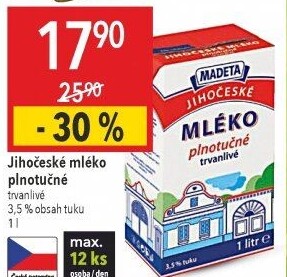 Mléko trvanlivé Jihočeské Madeta - 3,5% plnotučné