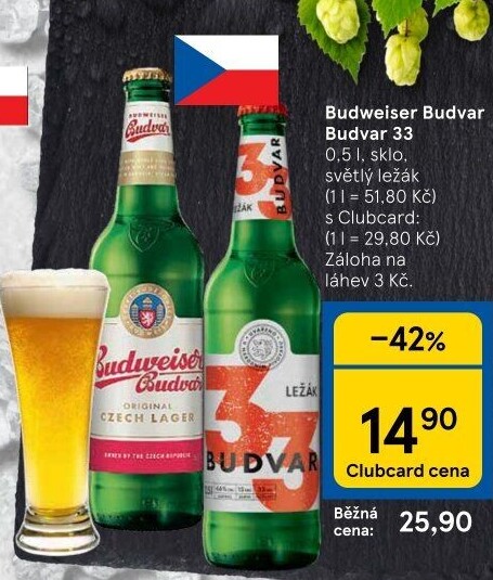 Pivo světlý ležák Budweiser Budvar