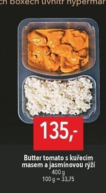 Butter tomato s kuřecím masem a rýží Globus