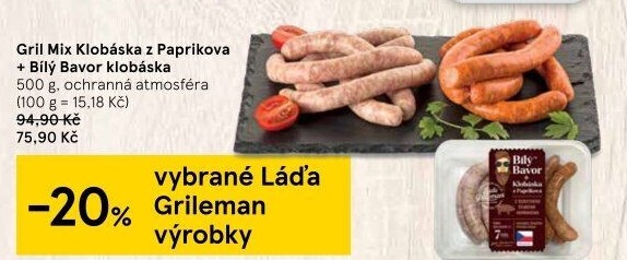 Klobása bílý bavor a klobása z Paprikova Láďa Grileman Kostelecké uzeniny