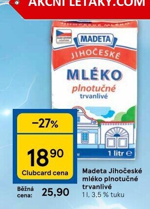 Mléko trvanlivé Jihočeské Madeta - 3,5% plnotučné