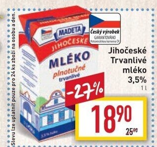 Mléko trvanlivé Jihočeské Madeta - 3,5% plnotučné
