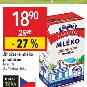 Mléko trvanlivé Jihočeské Madeta - 3,5% plnotučné