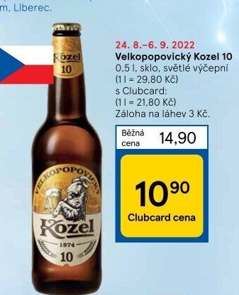 Pivo světlé výčepní 10°Velkopopovický Kozel
